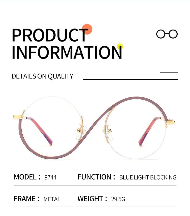 Nouvelles lunettes à demi-monture en métal optique Anti-lumière bleue informations sur les lunettes