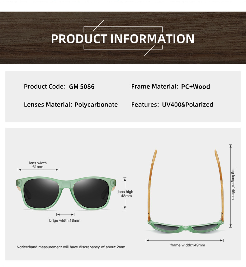 RUSEN'S Lunettes de soleil en bois pour homme et femme 5086