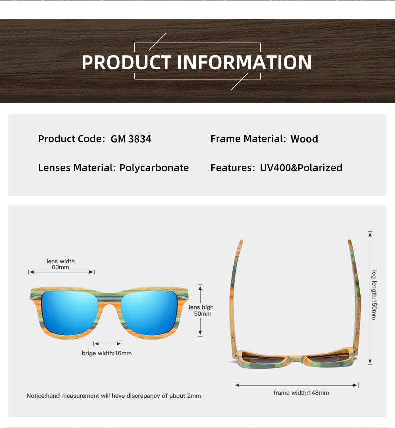 RUISENS'S modische, farbige, polarisierte Bambus-Sonnenbrille aus Holz, 3834