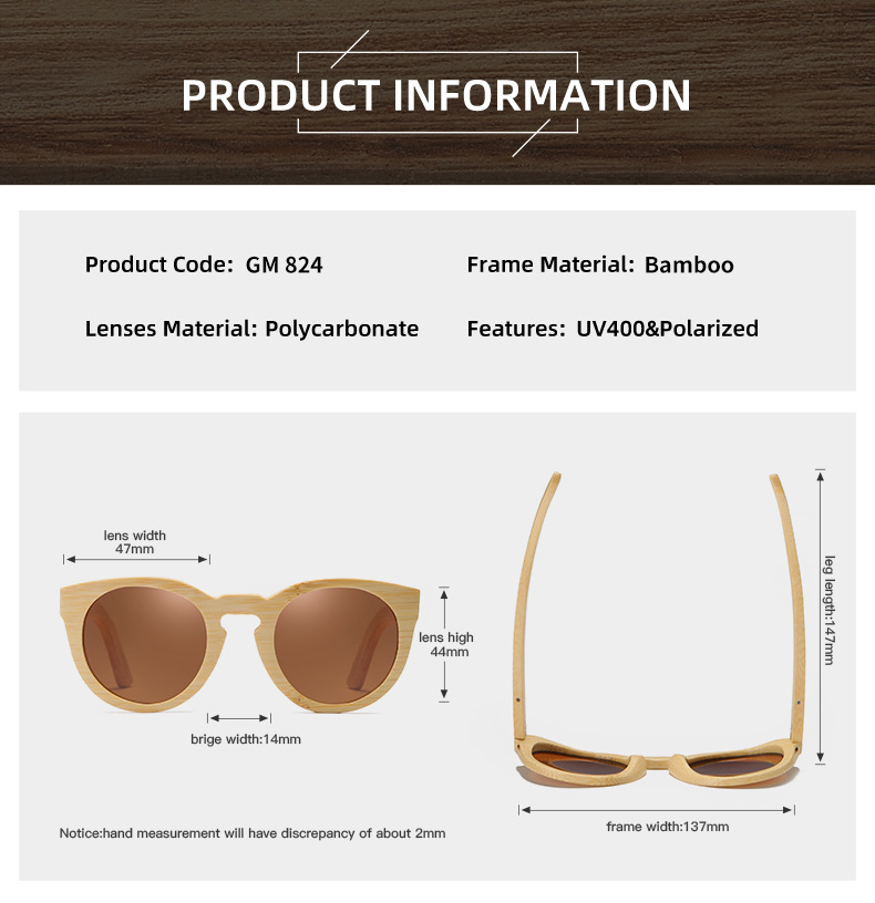 RUISEN'S Gafas de sol de madera ligeras polarizadas a la moda para mujer 824