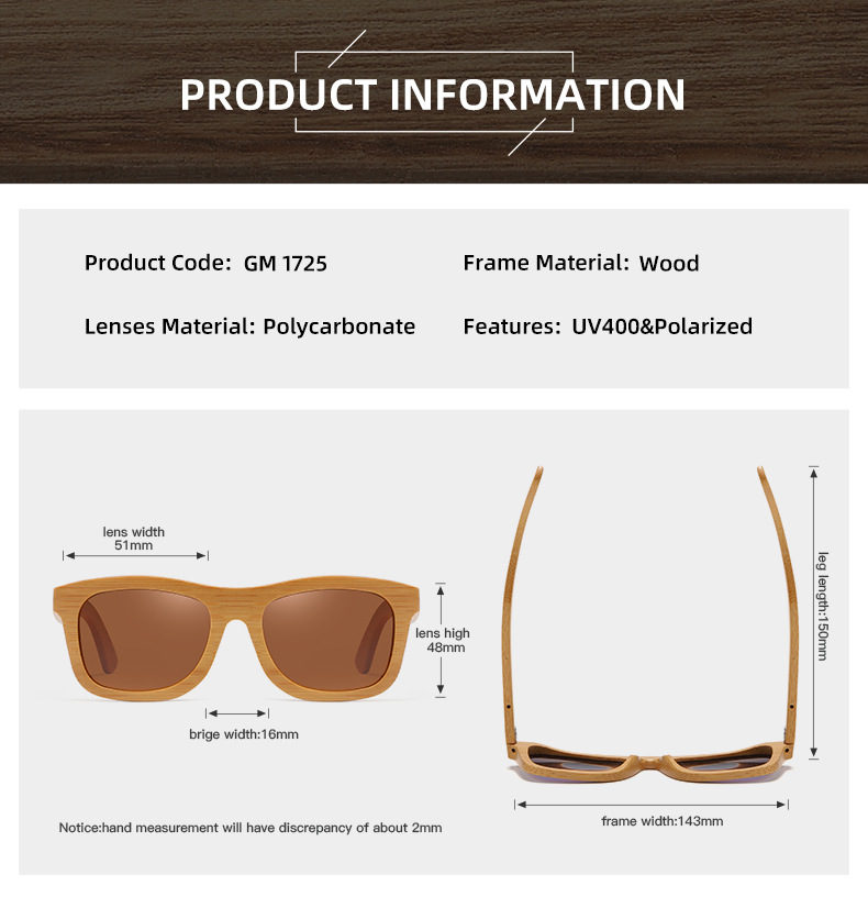 RUISEN'S polarisierte helle Holzsonnenbrille für Damen und Herren 1725