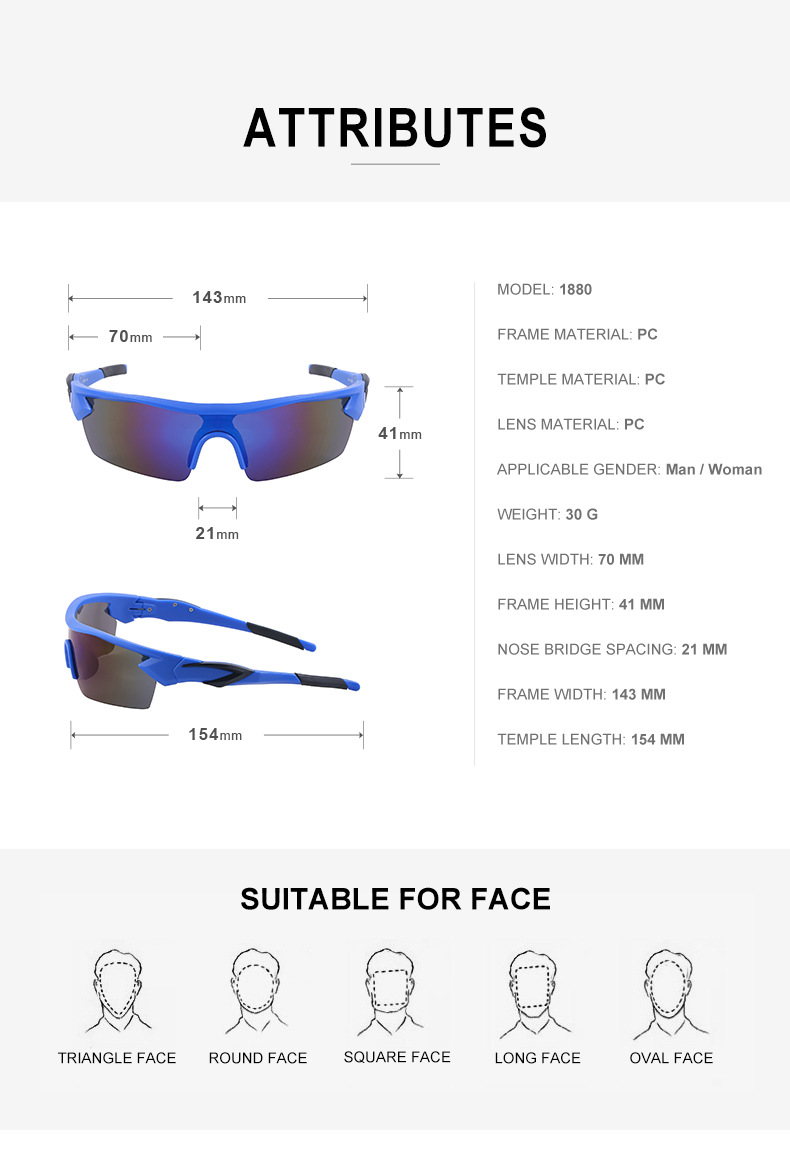 whish vente chaude lunettes de soleil de sport taille