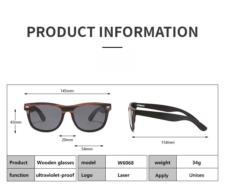 RUISEN'S TAC Lunettes de soleil polarisées UV400 en bois pour hommes et femmes W6074