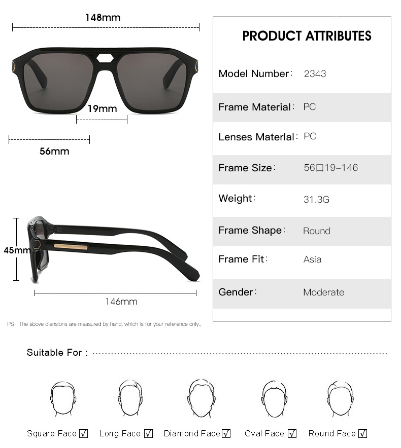 RUISEN'S Modische Retro-Sonnenbrille mit quadratischem Rahmen, klassisch, 2343-03