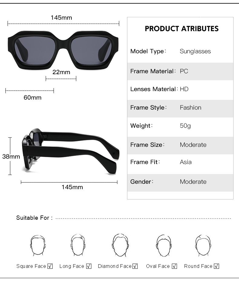 Lunettes de soleil à monture carrée classique RUISEN'S, à la mode et polyvalentes, 86606-03