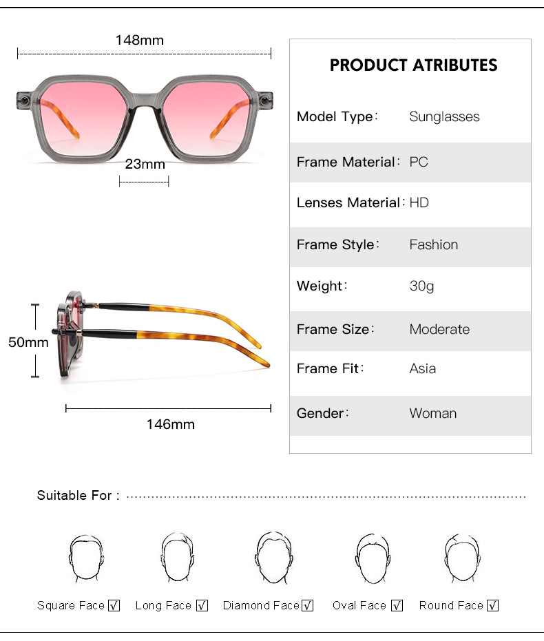 Simple Square Sunglasses Fashion Flat Lens-size