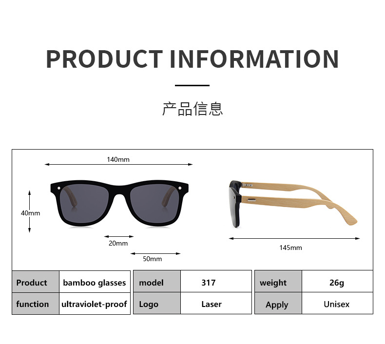 taille de lunettes de soleil en bois de vente chaude